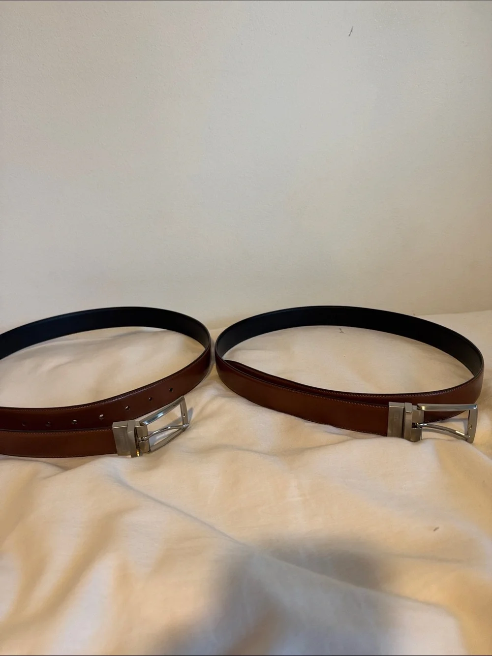 Two Perry Ellis SizeL Reversible Brown/Black Leather Belt with Silver Buckle